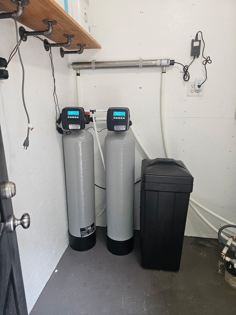 Softener + carbon pair with overhead stainless manifold