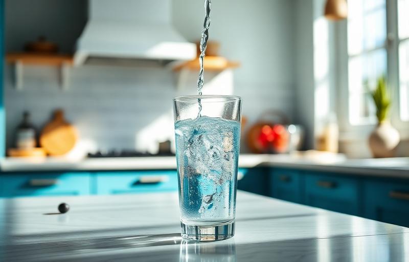 Clear water pouring into a glass in a bright kitchen